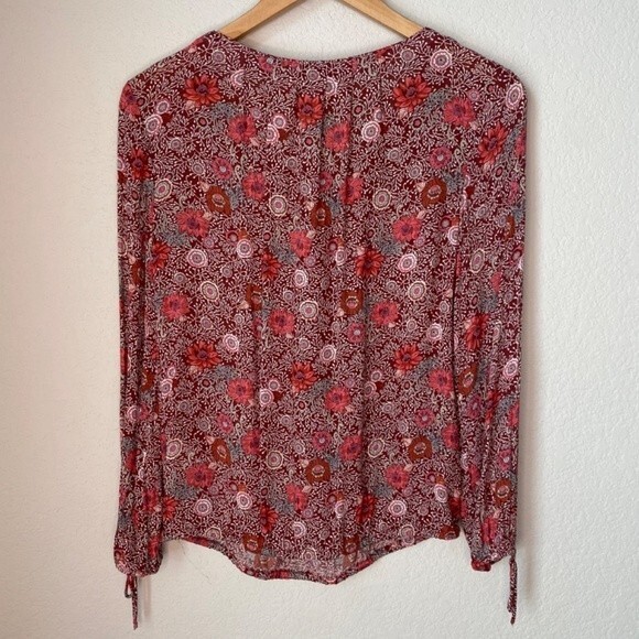 Lucky Brand Red Floral Peasant Loose Fitting Button Front Blouse - Size Small - Picture 5 of 7